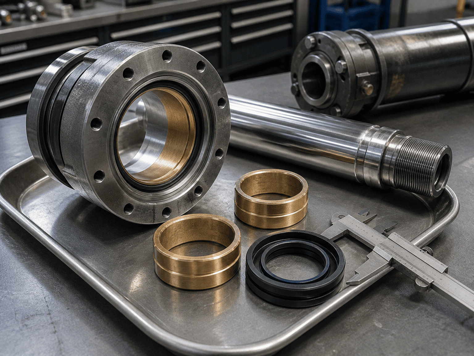 disassembled hydraulic cylinder gland head bronze wear rings and chrome piston rod on inspection tray